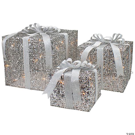 Set of 3 LED Lighted Silver Glitter Threaded Gift 